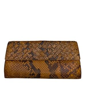 BOTTEGA VENETA - BROWN YELLOW TAN PYTHON LEATHER LONG TRIFOLD SNAP WALLET